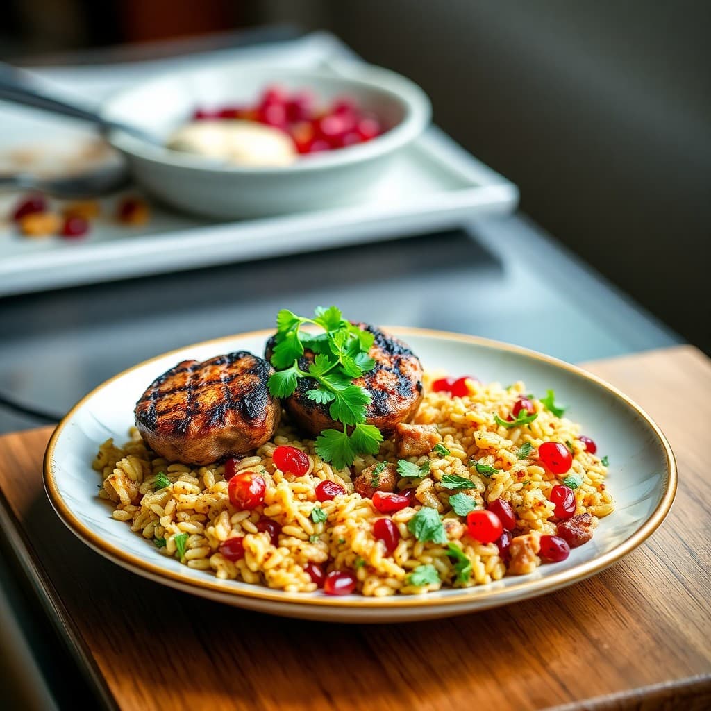 Grilled Lamb Kofta with Charred Tomato Orzo & Pomegranate-Walnut Salad