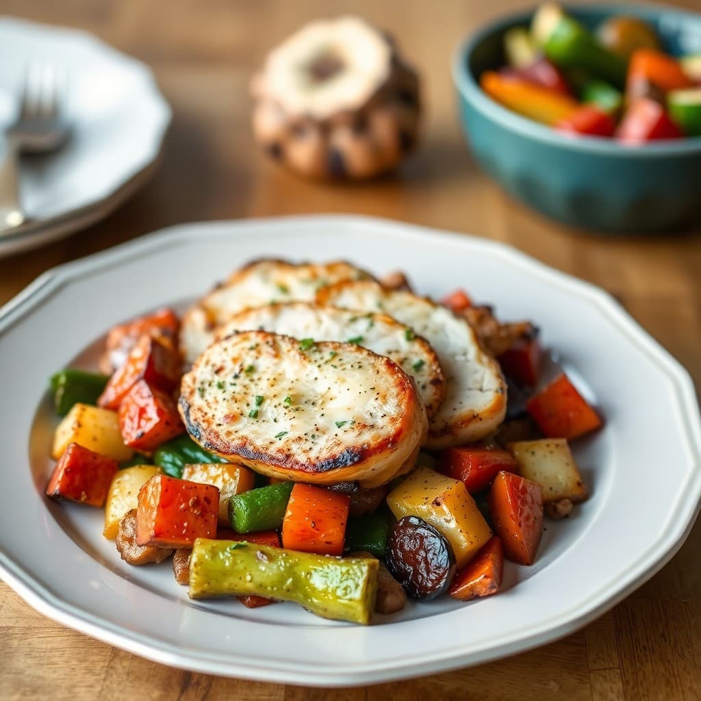 Seared Ginger-Garlic Chicken with Roasted Vegetable Medley