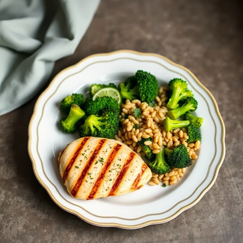 Grilled Lemon-Garlic Chicken with Roasted Broccoli and Farro Salad