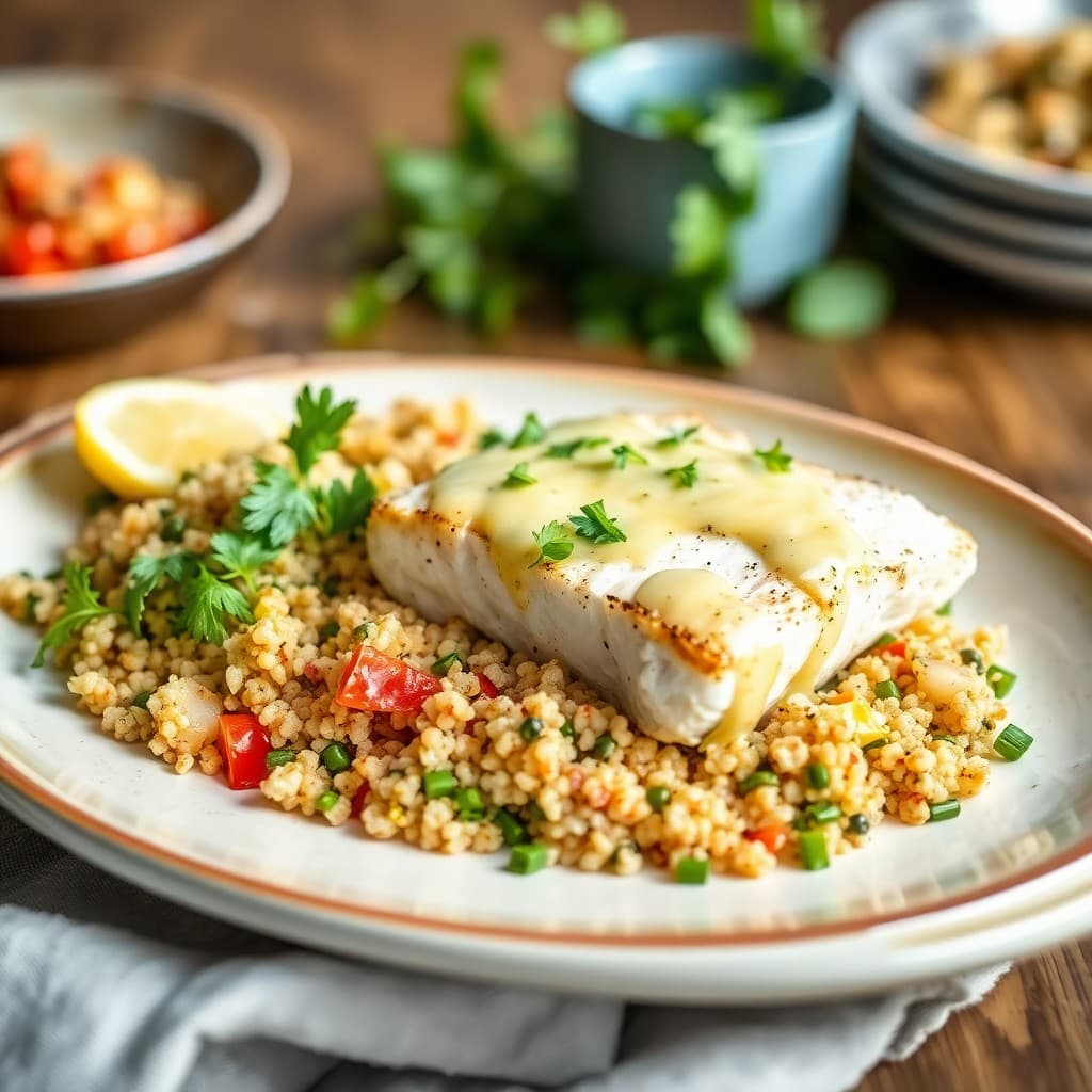 Roasted Garlic & Lemon Cod with Quinoa Tabbouleh