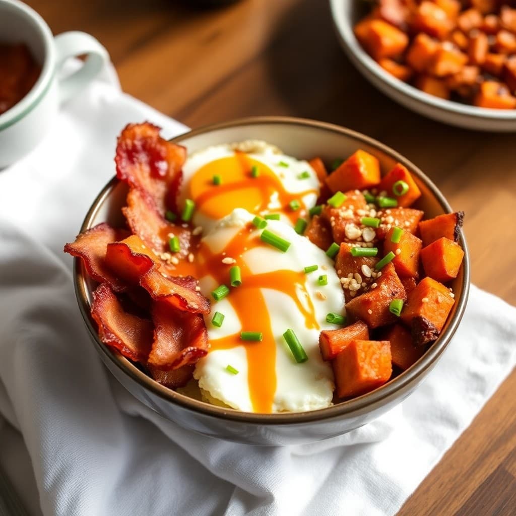 Korean-Inspired Bacon & Egg Breakfast Bowls with Gochujang Sweet Potato Hash