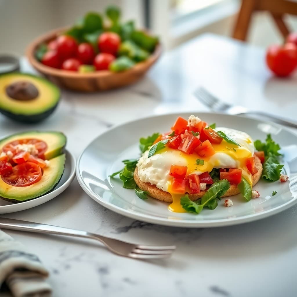 Greek Eggs Benedict with Tomato Avocado Salad