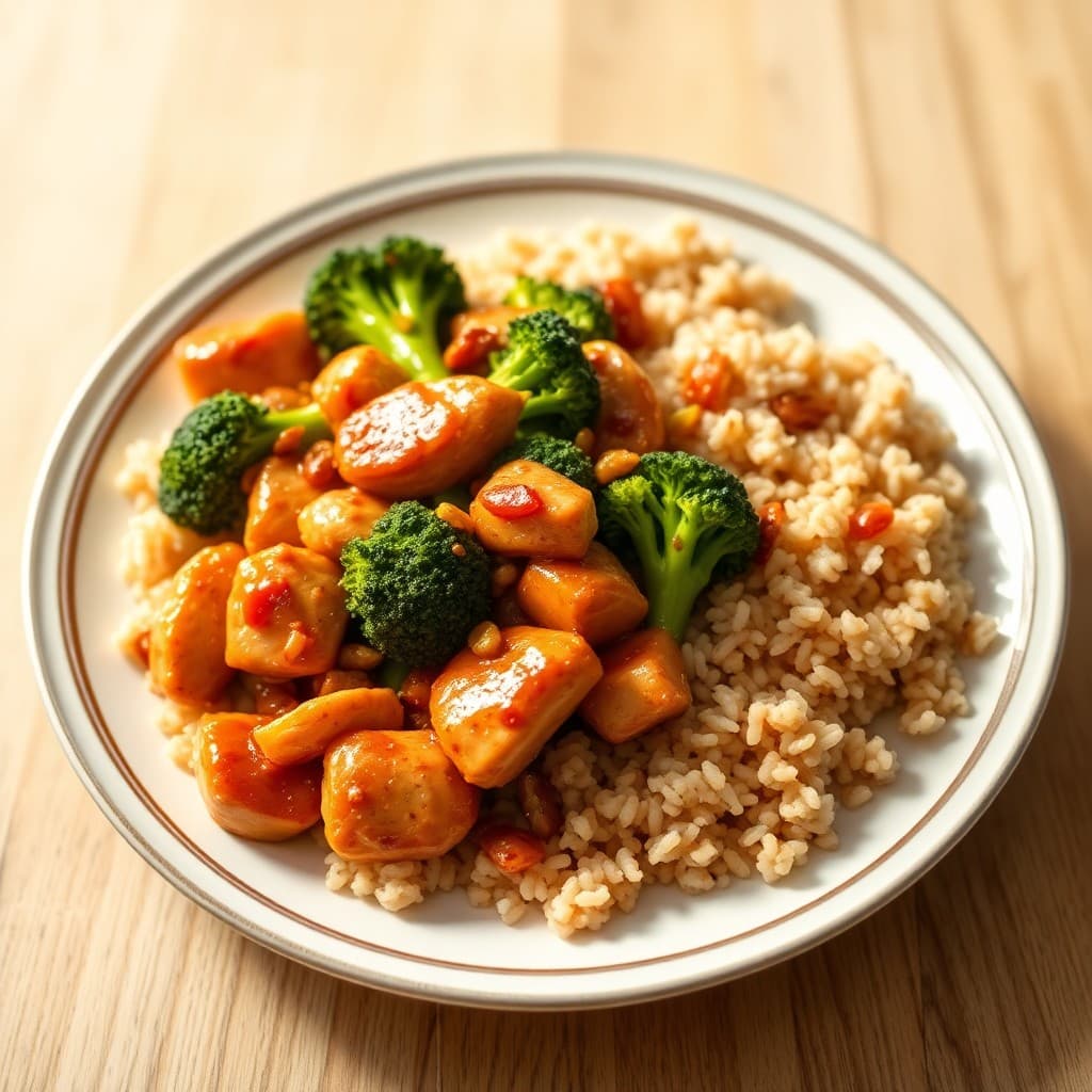 Ginger Garlic Chicken Stir-Fry with Roasted Broccoli and Brown Rice