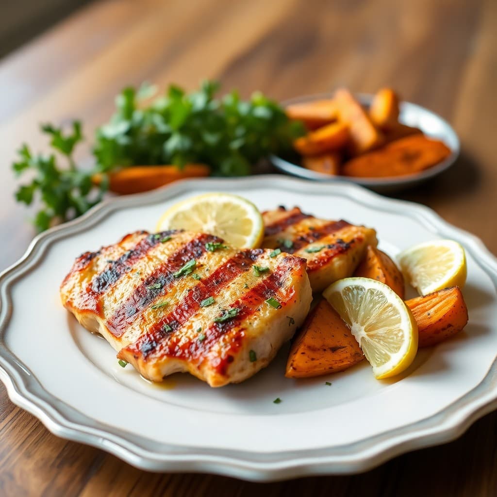Zesty Lemon-Herb Grilled Chicken with Roasted Sweet Potato Wedges