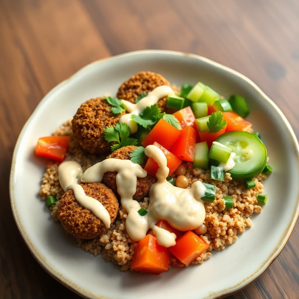 Lebanese Falafel & Freekeh Breakfast Bowl with Tahini-Lemon Drizzle