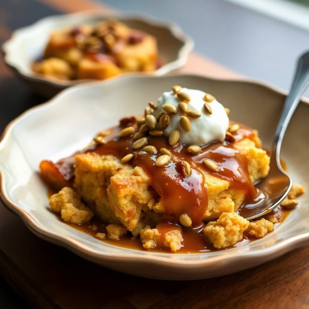 Ethiopian Spiced Injera Bread Pudding with Date-Tahini Caramel