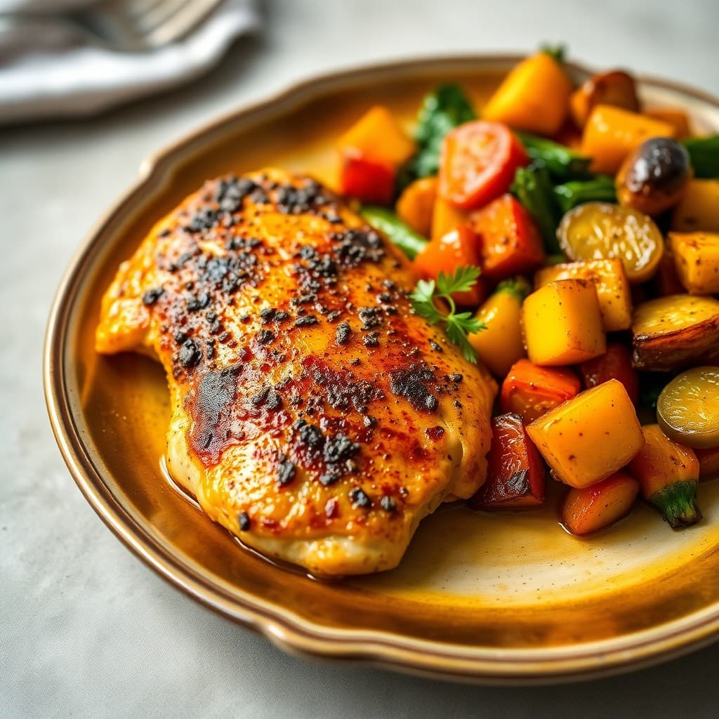 Seared Turmeric-Ginger Chicken with Roasted Veggie Medley