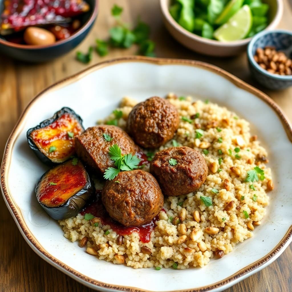 Turkish Lamb Köfte with Charred Eggplant & Bulgur Pilaf