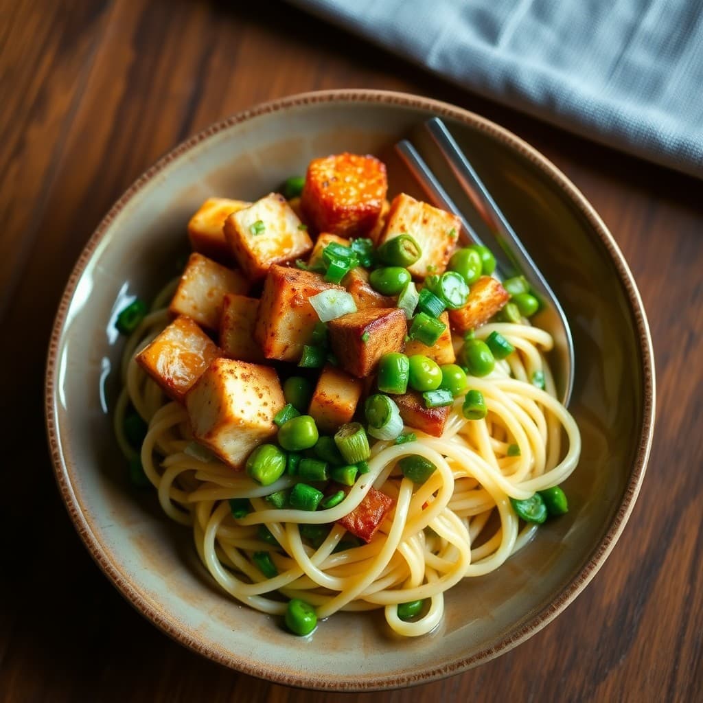 Crispy Tofu & Edamame Stir-Fry with Ginger-Scallion Noodles