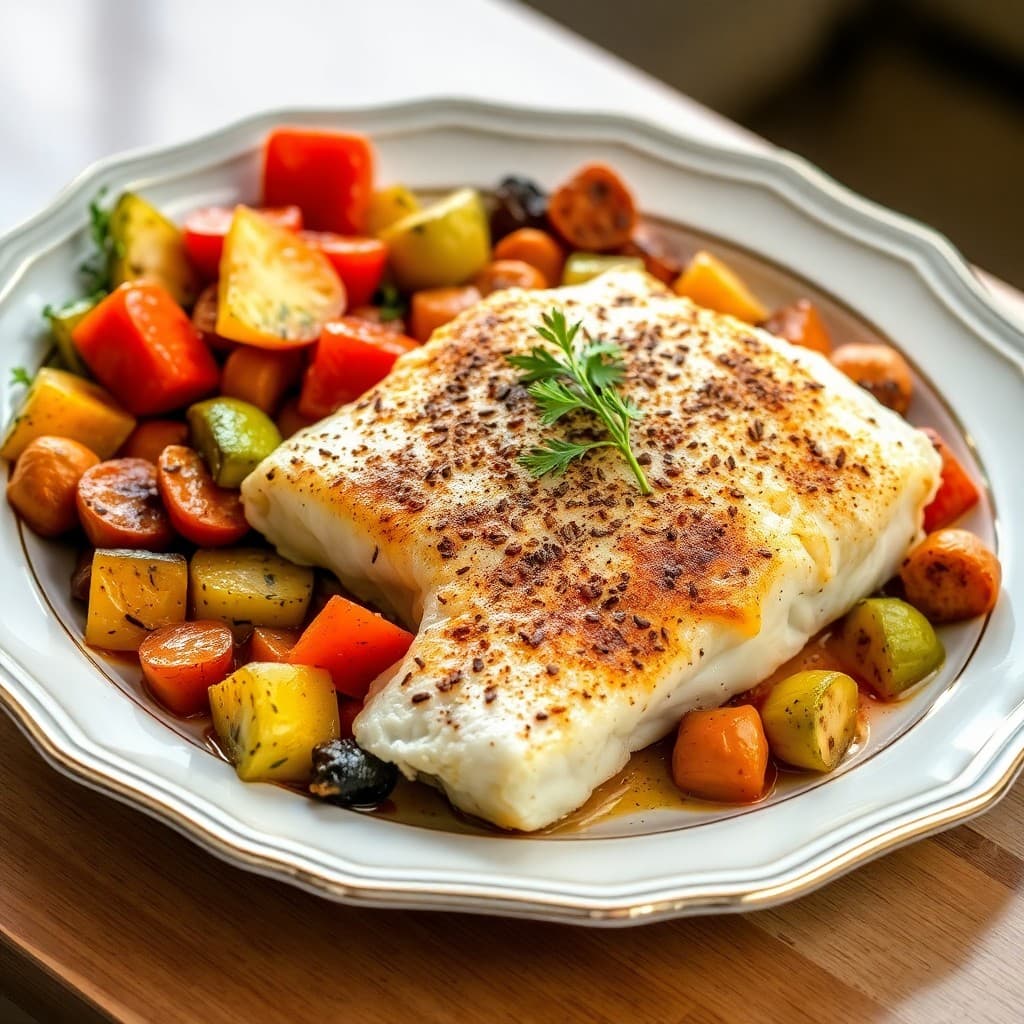 Mediterranean Baked Cod with Roasted Vegetable Medley