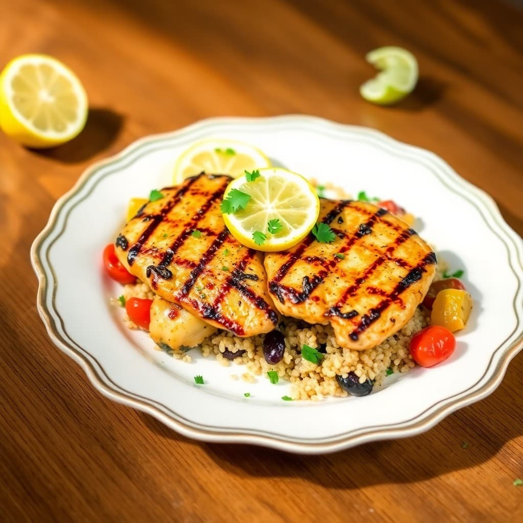 Lemon-Garlic Grilled Chicken with Roasted Veggie Quinoa Bowl