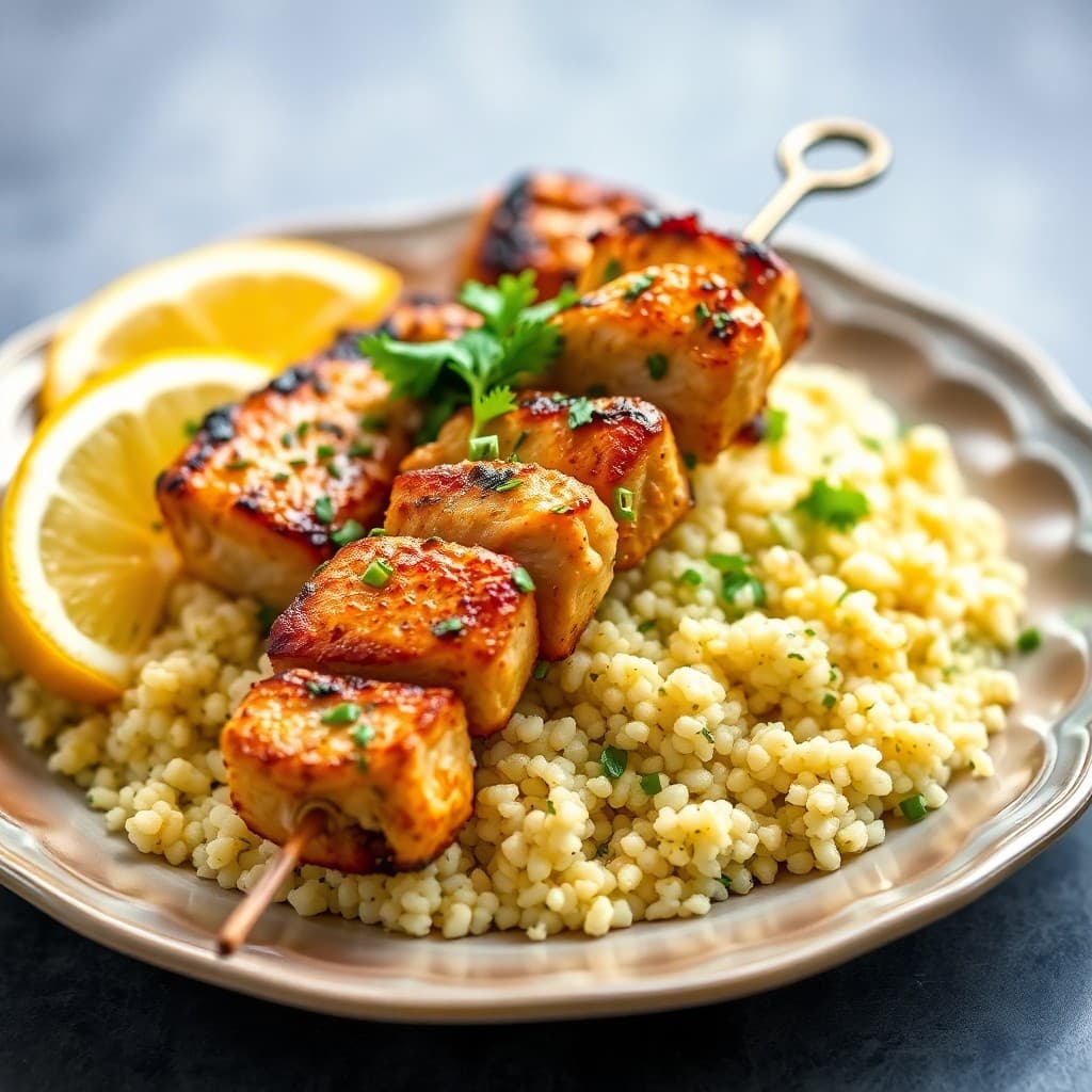 Zesty Mediterranean Chicken Skewers with Garlic Herb Couscous