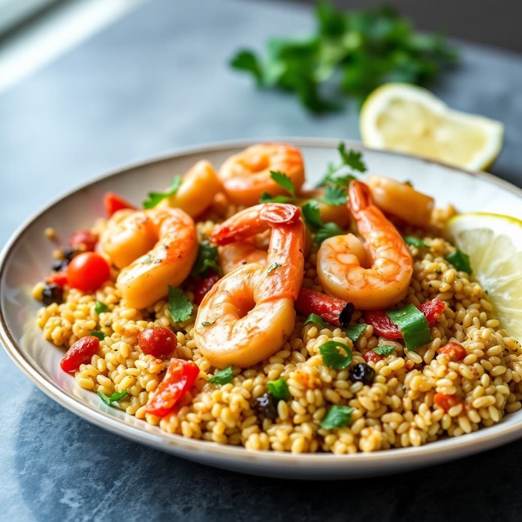 Mediterranean Garlic Shrimp and Farro Skillet