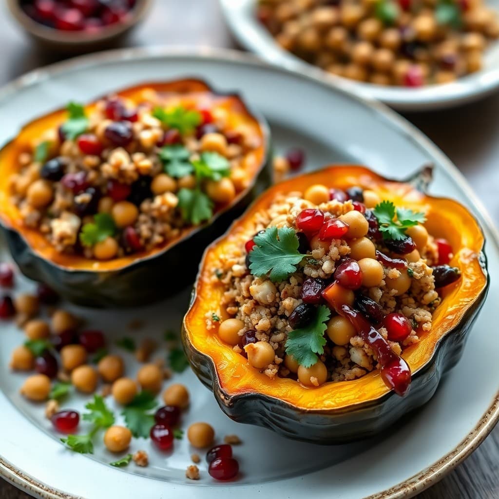 Turkish-Spiced Chickpea & Bulgur Stuffed Acorn Squash with Pomegranate-Walnut Crunch