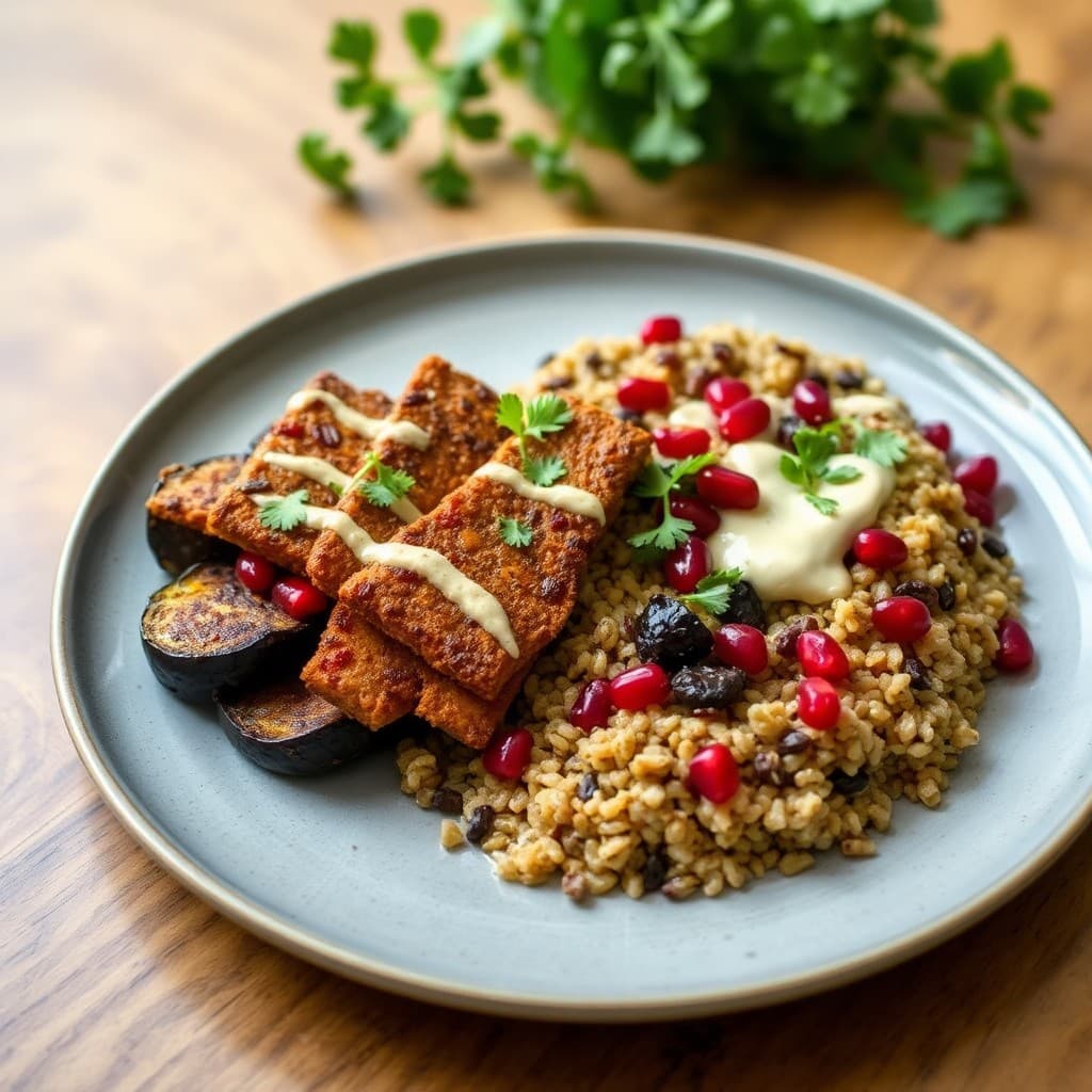 Crispy Seitan Shawarma with Charred Eggplant & Pomegranate Farro