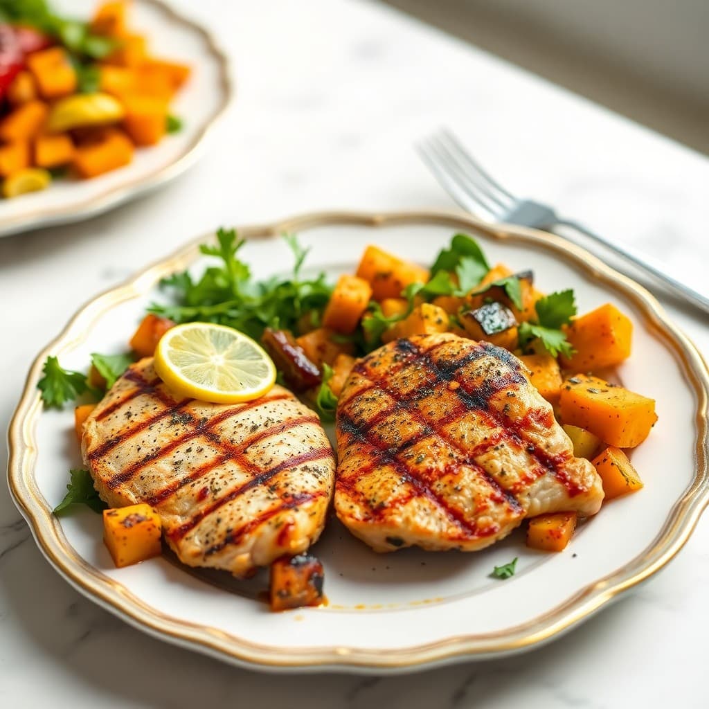 Grilled Lemon-Herb Chicken with Roasted Sweet Potato Salad