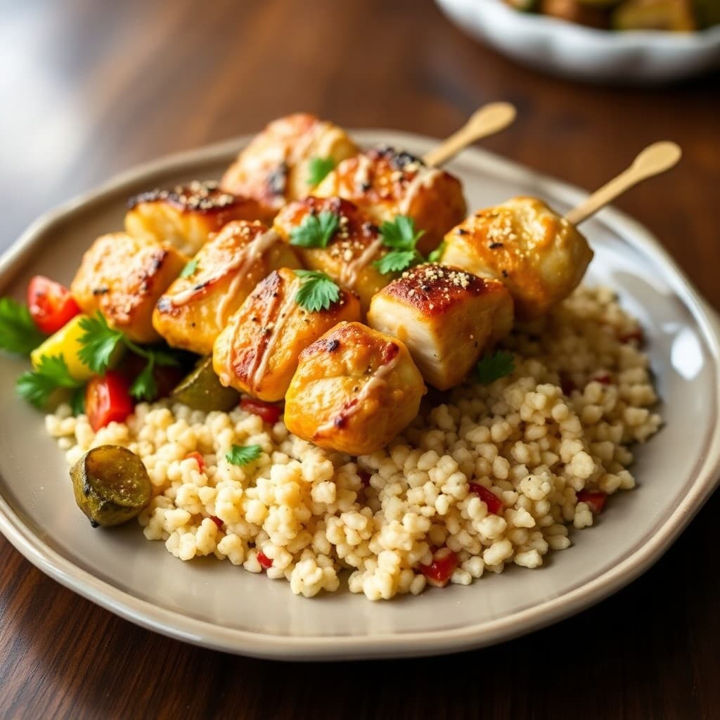 Juicy Lemon-Garlic Chicken Skewers with Roasted Vegetable Couscous