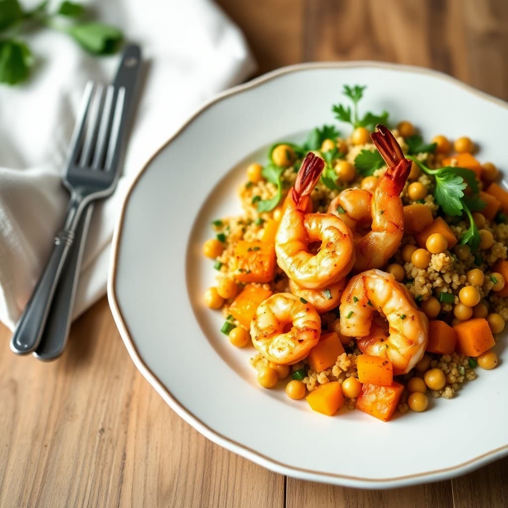 Sizzling Garlic Shrimp with Roasted Butternut Squash and Quinoa Salad