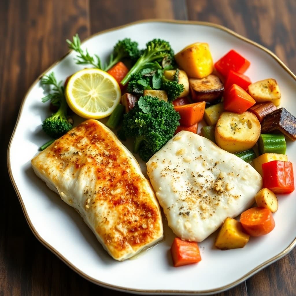 Seared Garlic-Lemon Tilapia with Roasted Veggie Medley