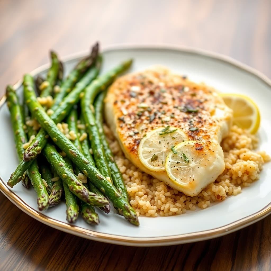 Seared Lemon Garlic Tilapia with Roasted Asparagus and Quinoa