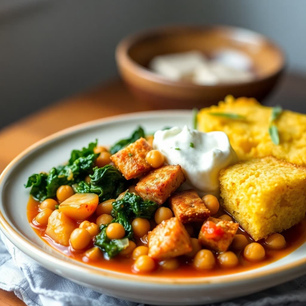 Portuguese-Style Chickpea & Kale Stew with Crispy Tempeh & Cornbread