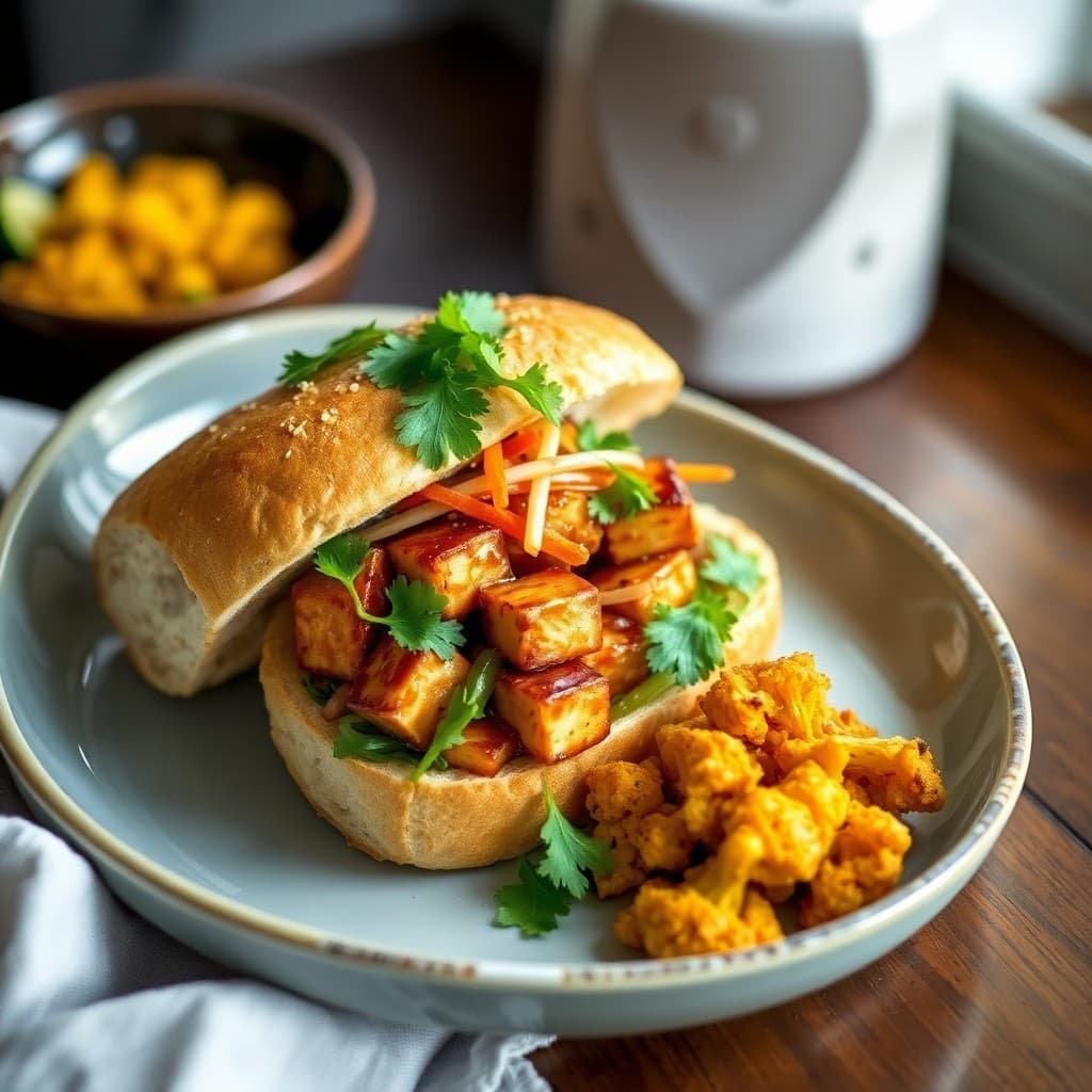 Vietnamese Caramelized Tofu & Crispy Shallot Bánh Mì Sandwich