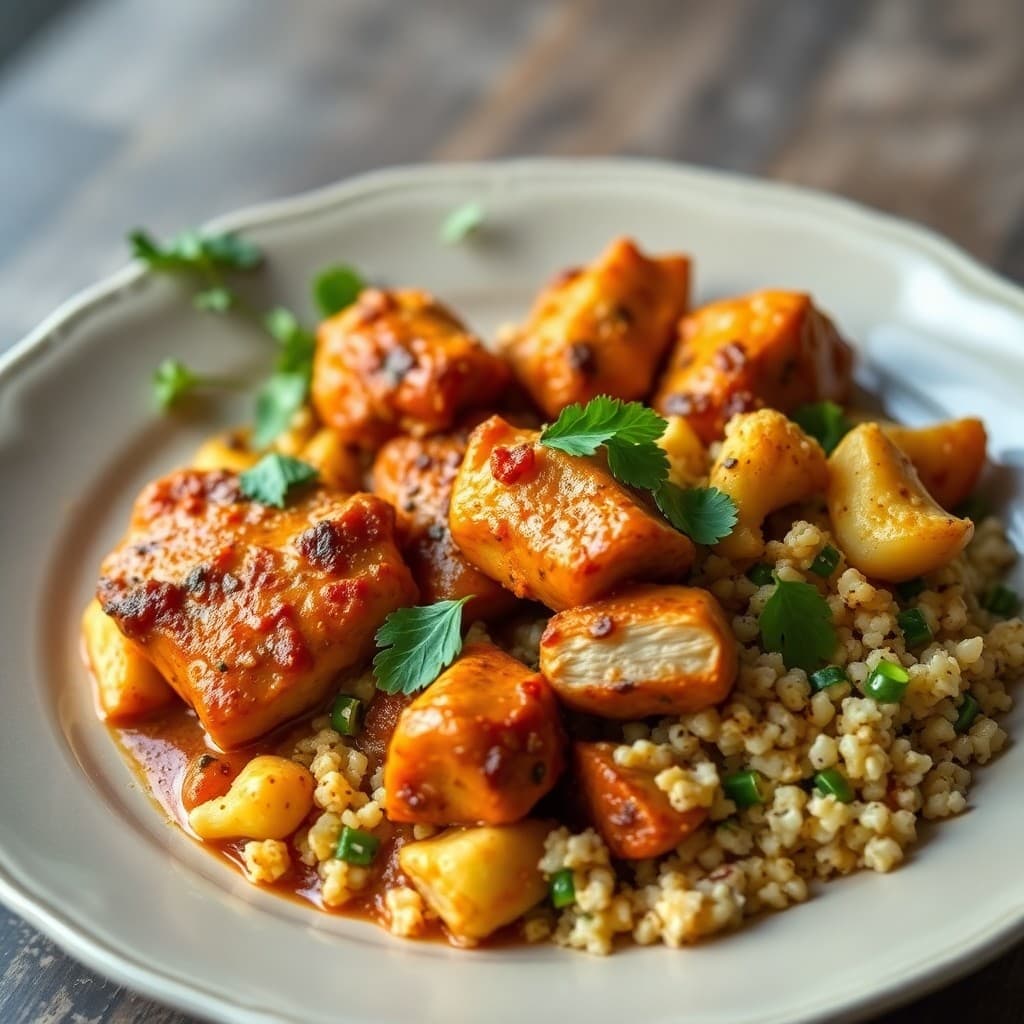 Moroccan Spiced Chicken Tagine with Roasted Cauliflower and Quinoa Salad