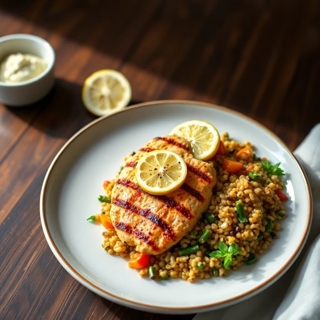 Grilled Lemon-Garlic Chicken with Roasted Vegetable Quinoa