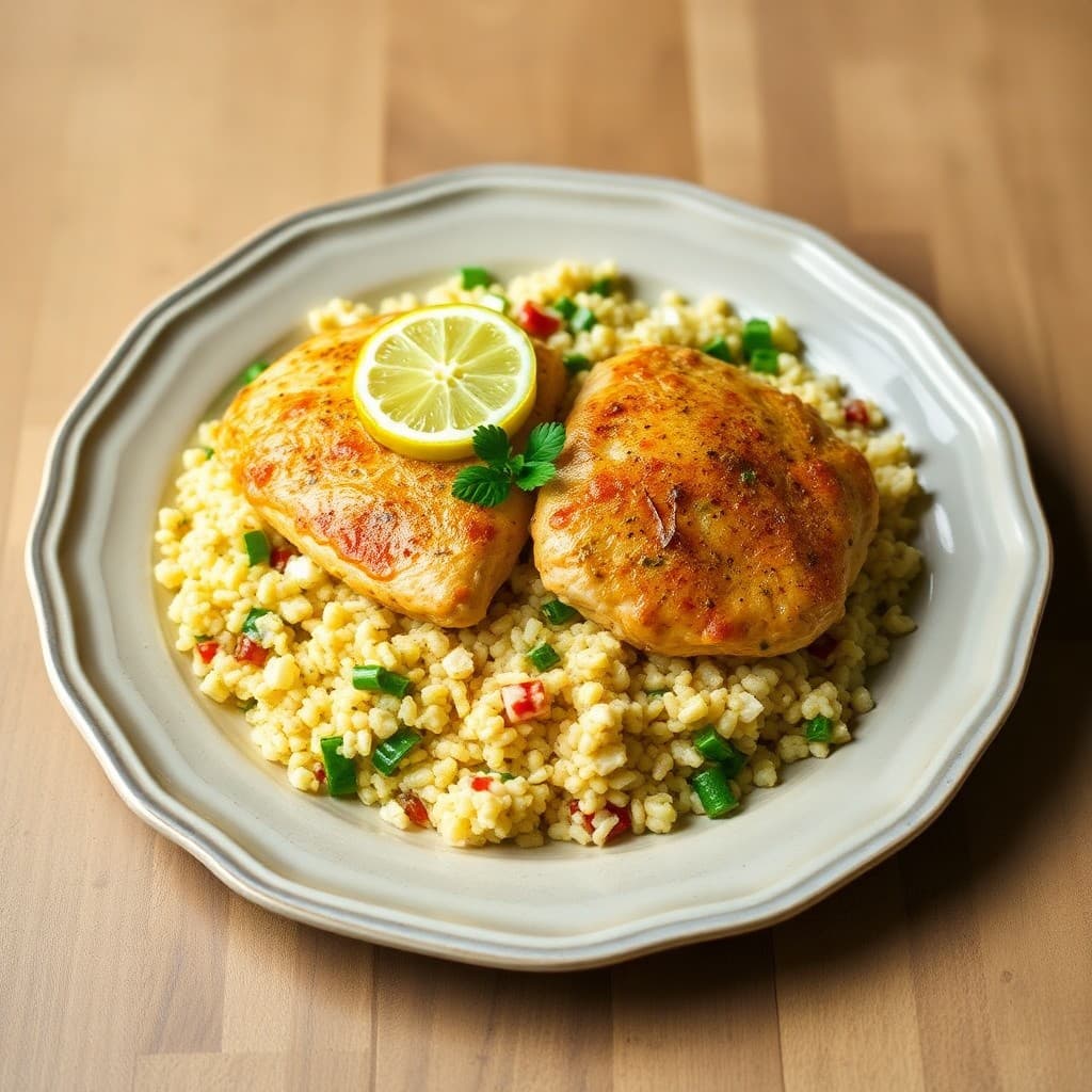 Lemon Garlic Chicken Paillards with Mediterranean Couscous