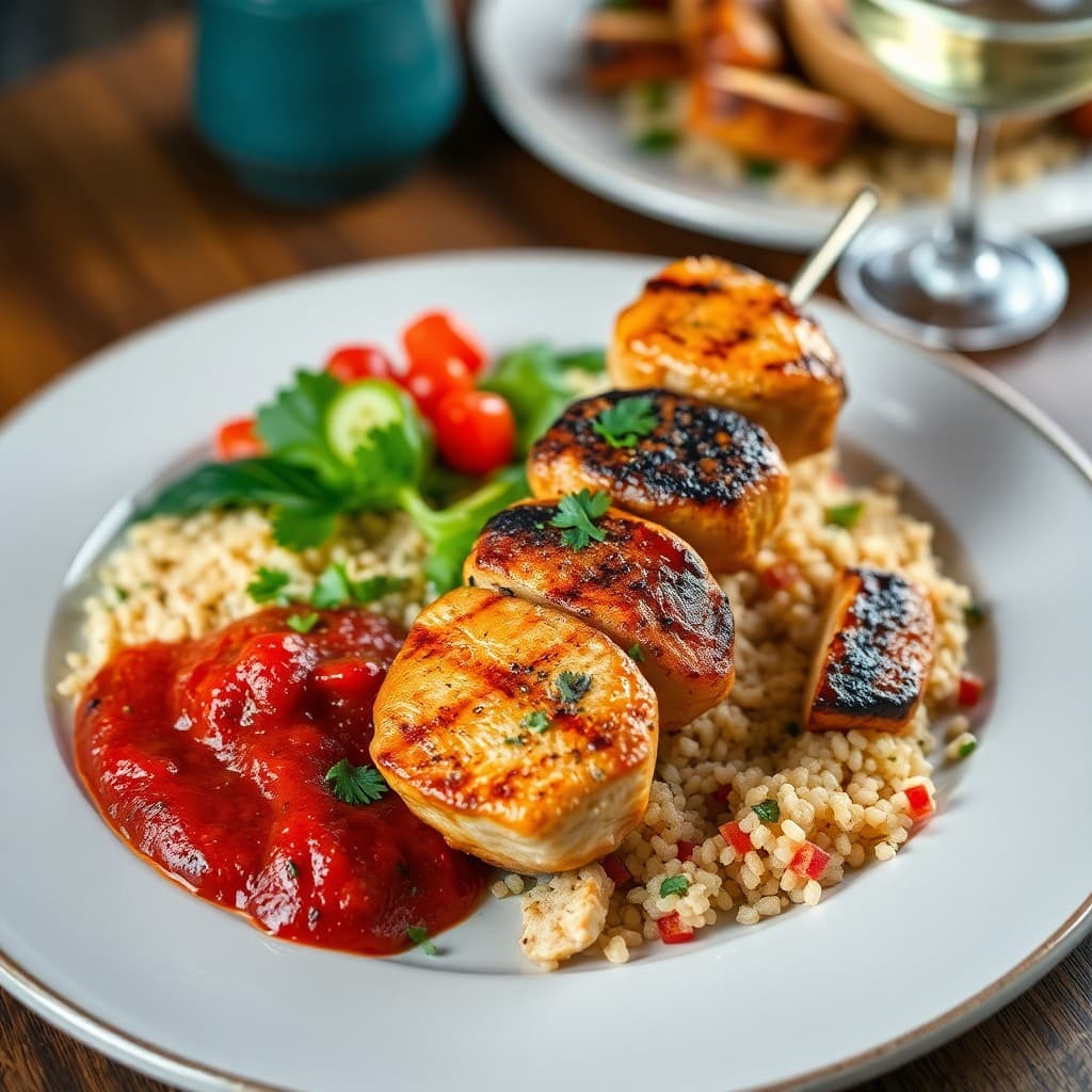 Turkish-Style Grilled Chicken Kebab with Charred Pepper & Walnut Sauce