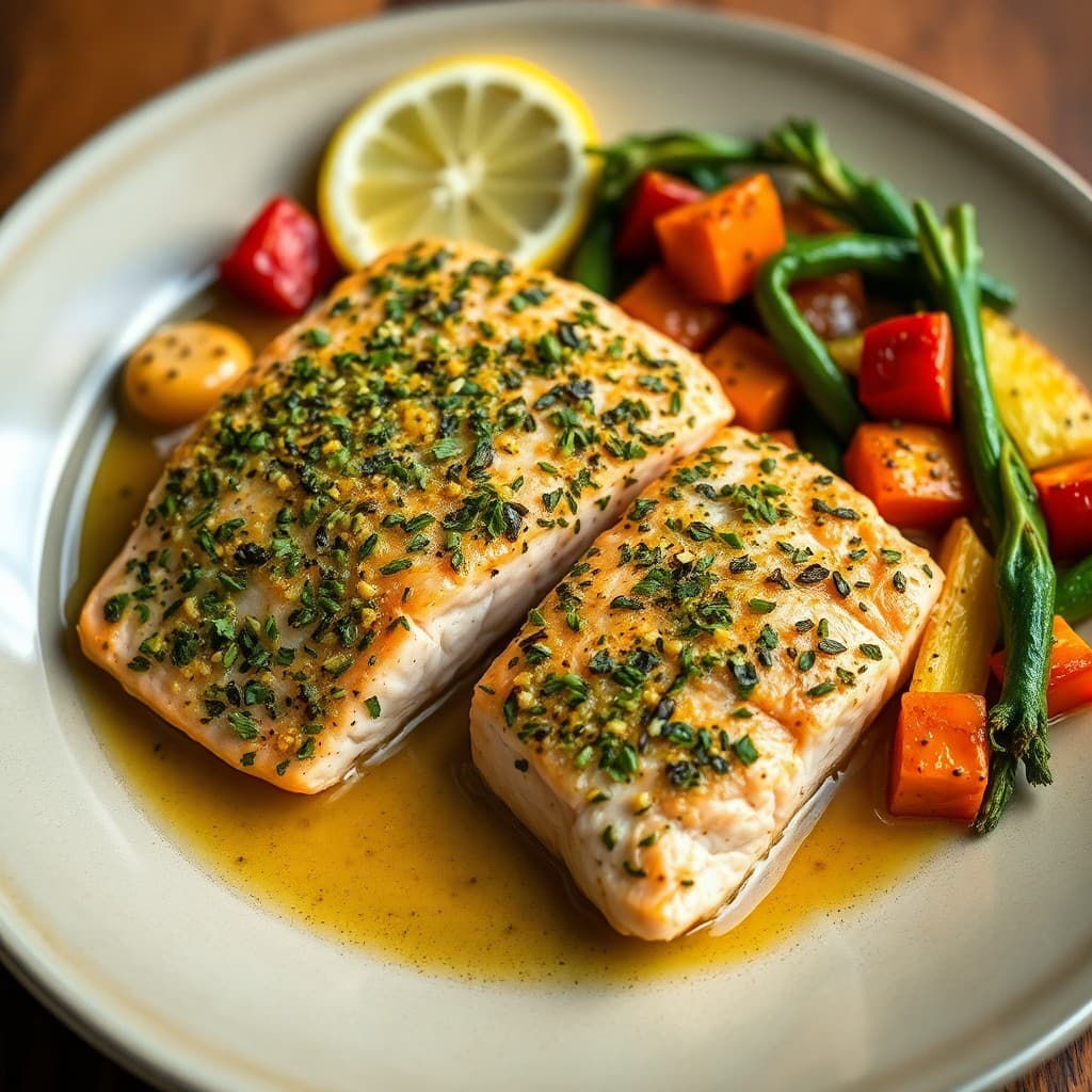 Garlic Herb Baked Salmon with Lemon Roasted Veggies