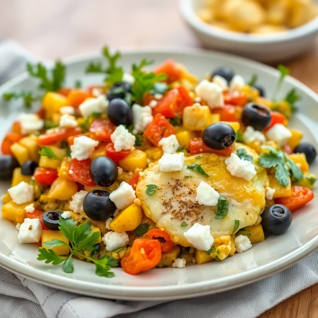 Mediterranean Veggie Scramble with Feta and Olives