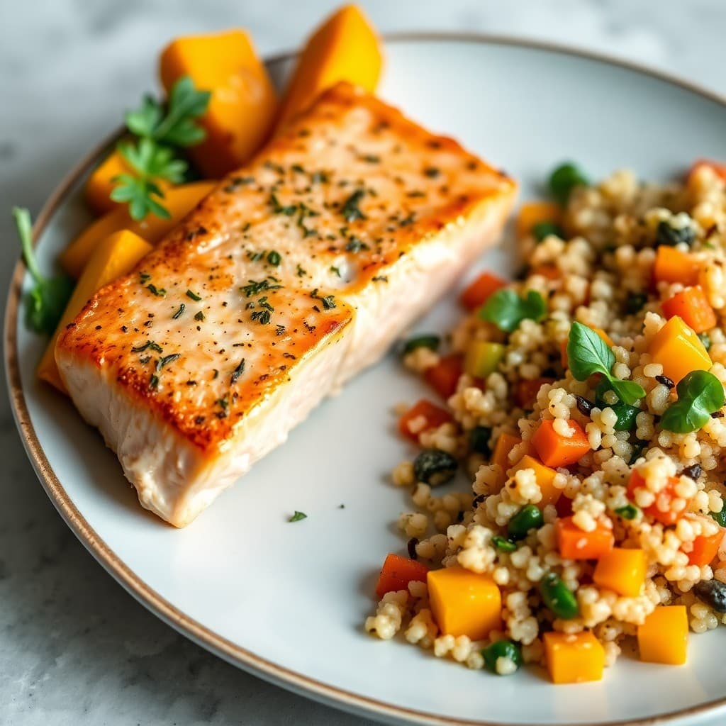 Seared Garlic-Herb Salmon with Roasted Butternut Squash and Quinoa Salad