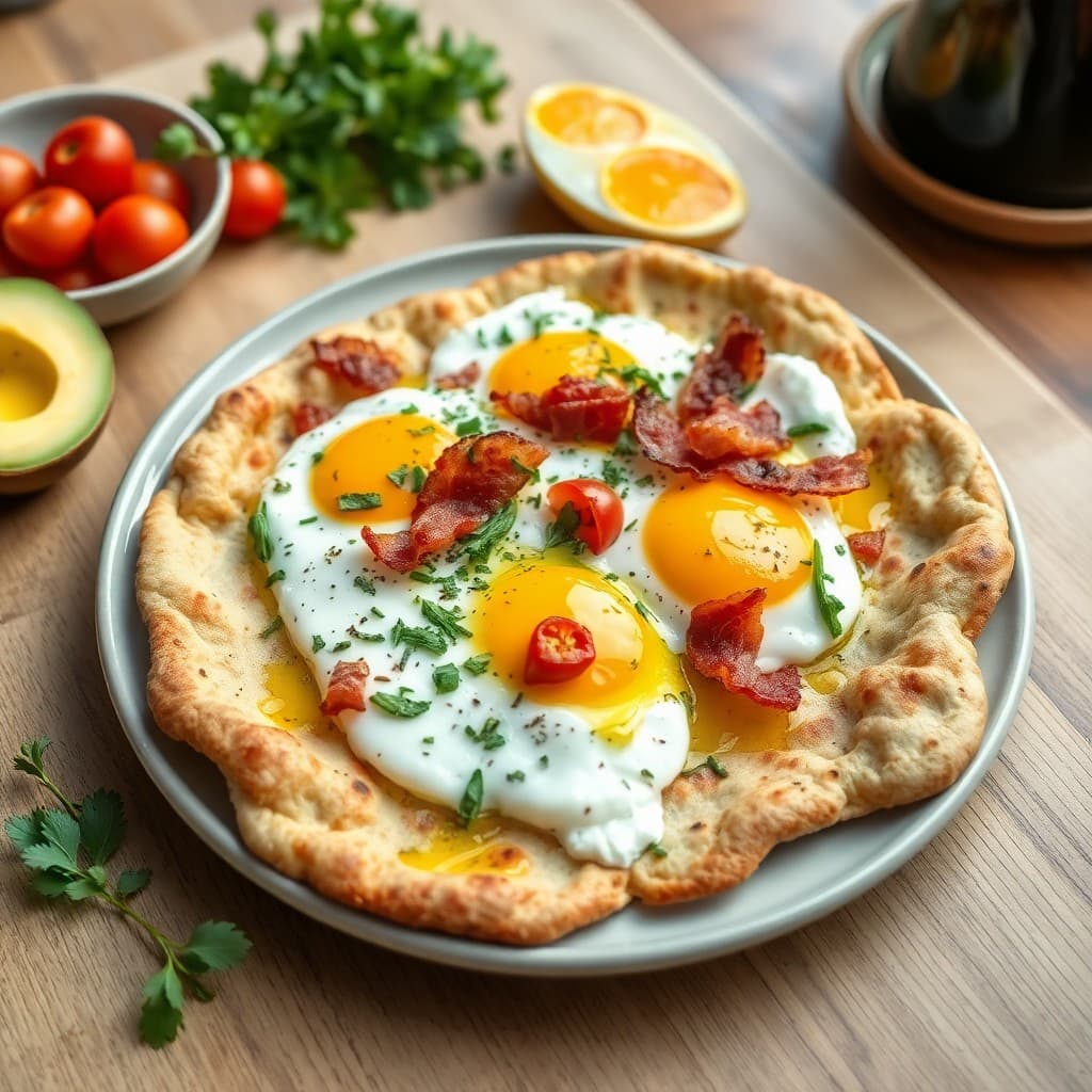 Turkish Egg & Herb Breakfast Flatbread with Crispy Bacon & Labneh