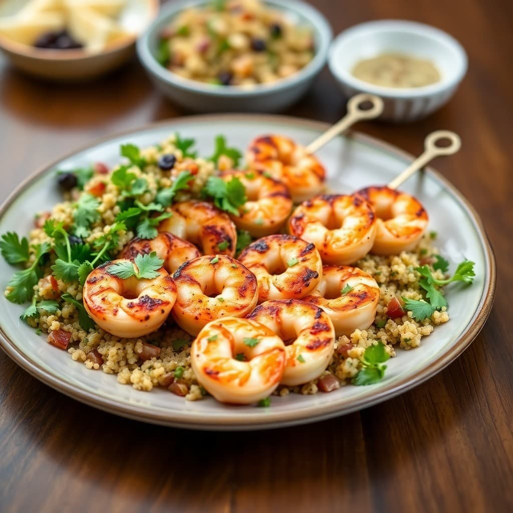 Moroccan Spiced Shrimp Skewers with Quinoa Tabbouleh