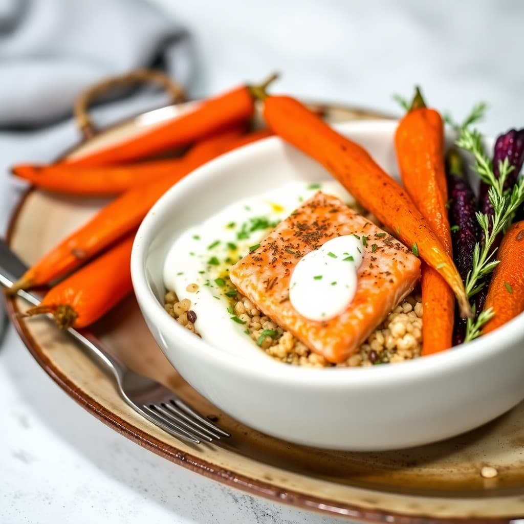 Provençal Herb-Crusted Smoked Salmon & Farro Breakfast Bowl with Roasted Rainbow Carrots
