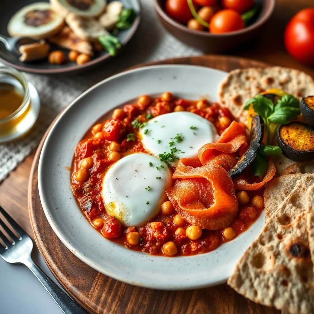 Turkish Menemen-Style Shakshuka Breakfast with Smoked Salmon, Roasted Chickpeas & Herb-Infused Olive Oil