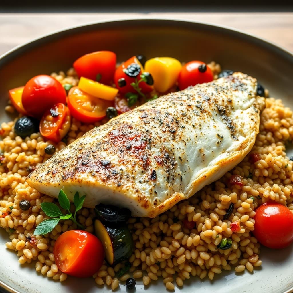 Pan-Seared Sea Bass with Toasted Farro & Provençal Vegetable Medley