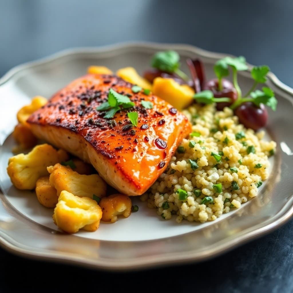 Seared Chili-Lime Salmon with Roasted Cauliflower and Herbed Quinoa