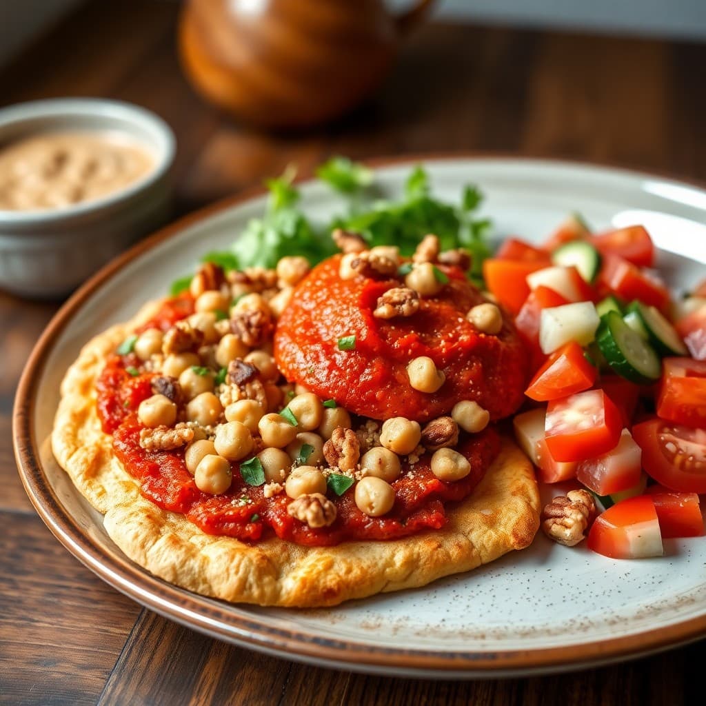Turkish Chickpea & Walnut Breakfast Flatbread with Zaatar-Spiced Tomato Spread