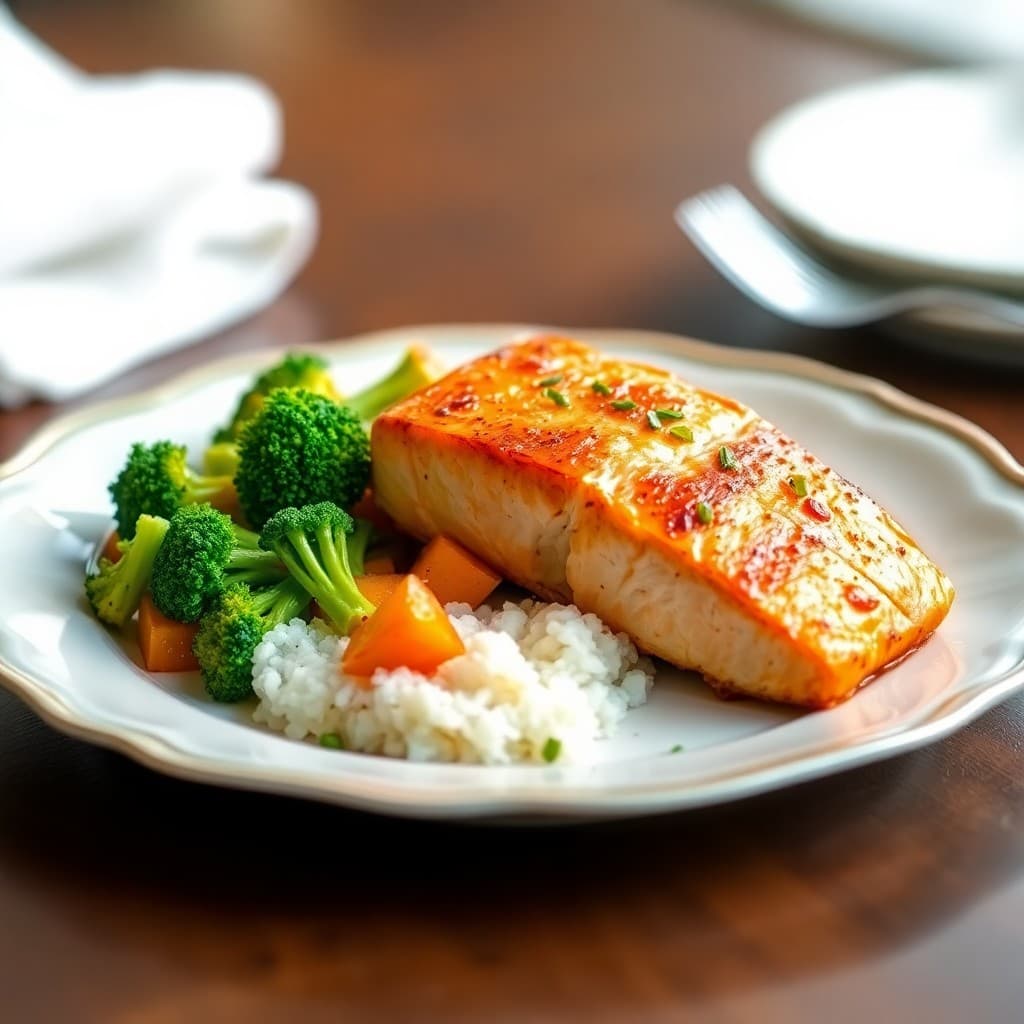 Seared Chili-Lime Salmon with Roasted Sweet Potato and Broccoli Medley