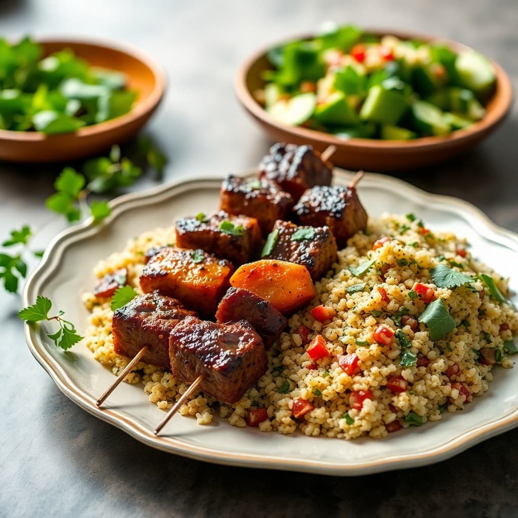 Zesty Moroccan Beef Skewers with Herbed Bulgur Salad
