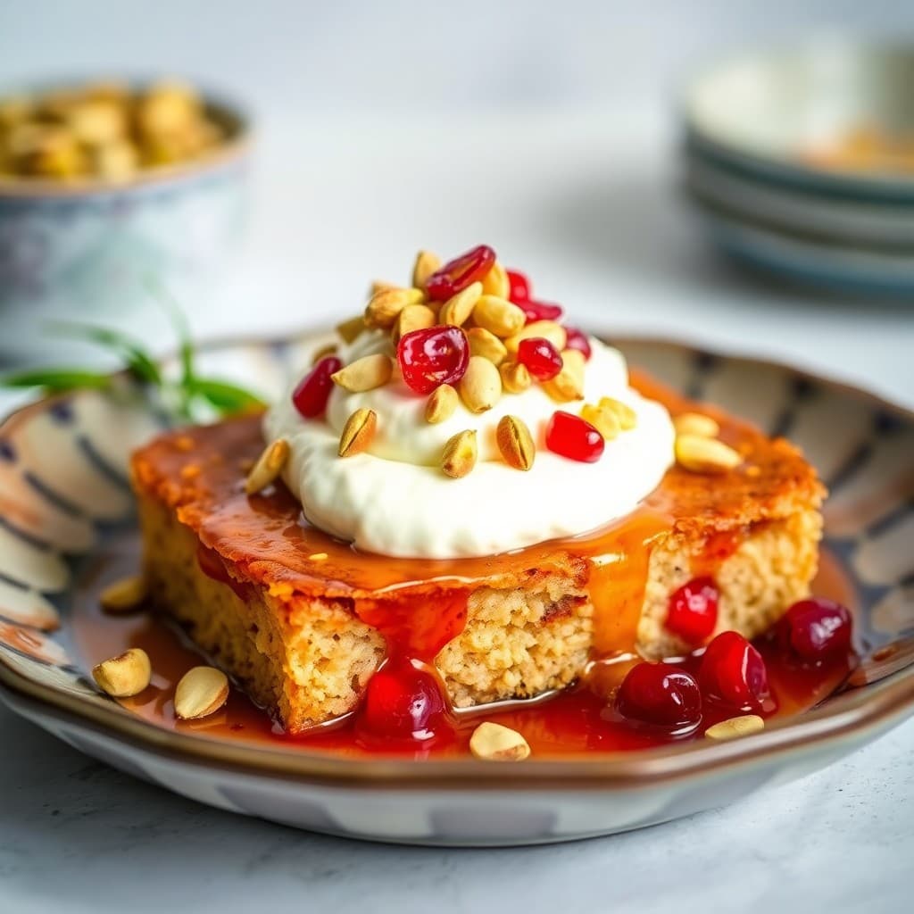 Turkish Pomegranate & Walnut Semolina Cake with Whipped Labne & Pistachios