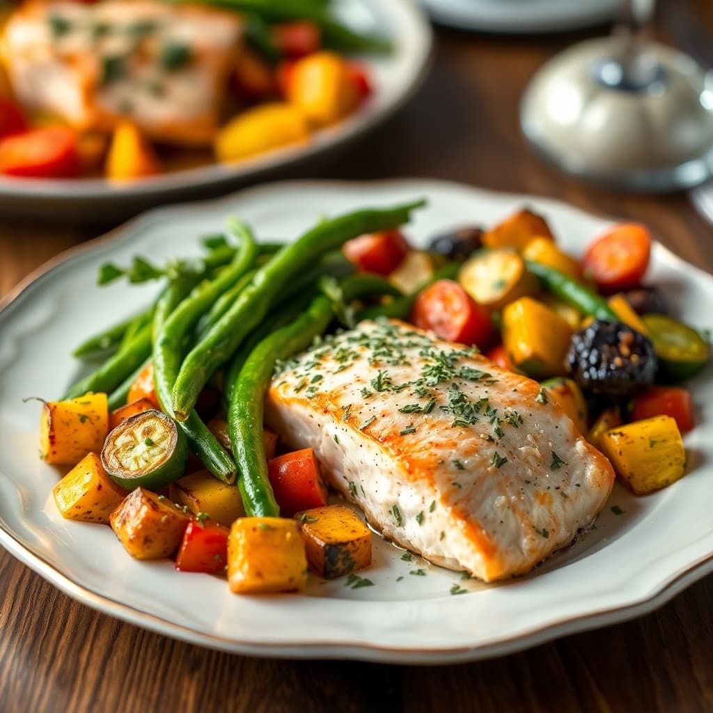 Garlic Herb Baked Salmon with Roasted Veggie Medley