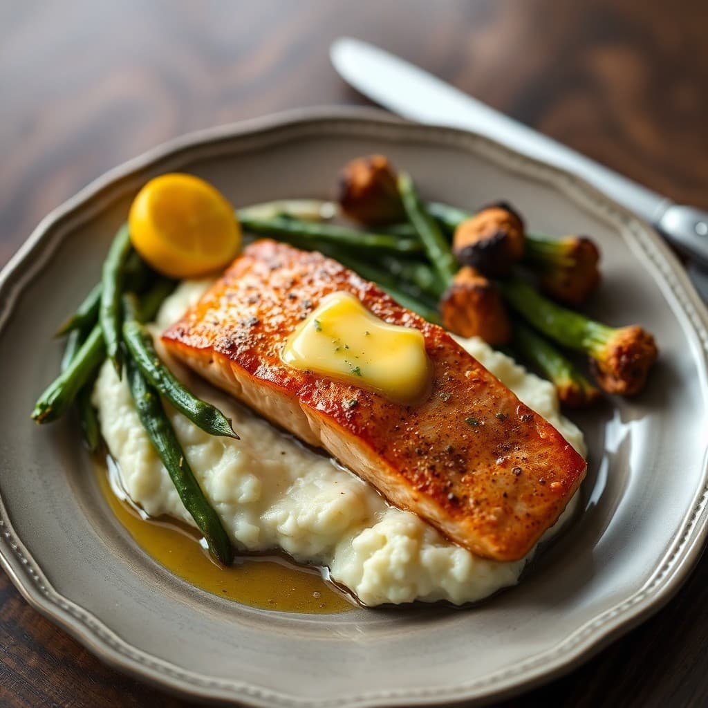 Roasted Salmon with Garlic Butter and Cauliflower Mash