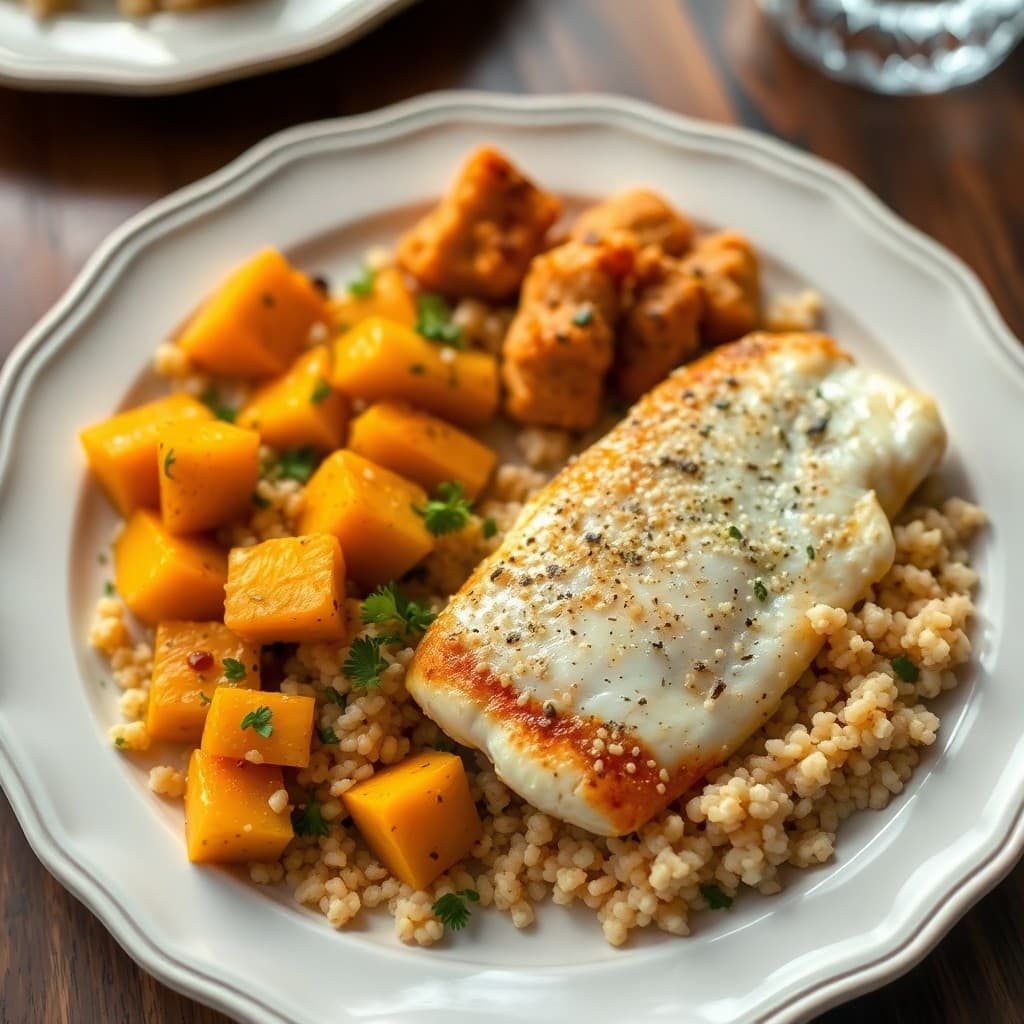 Seared Garlic Herb Tilapia with Roasted Butternut Squash and Quinoa