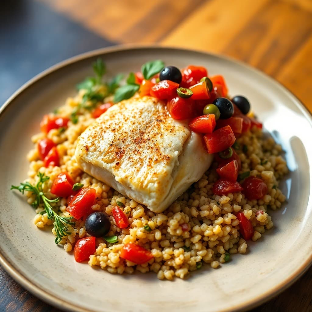 Mediterranean Baked Cod with Tomato-Olive Relish and Garlic Herb Bulgur
