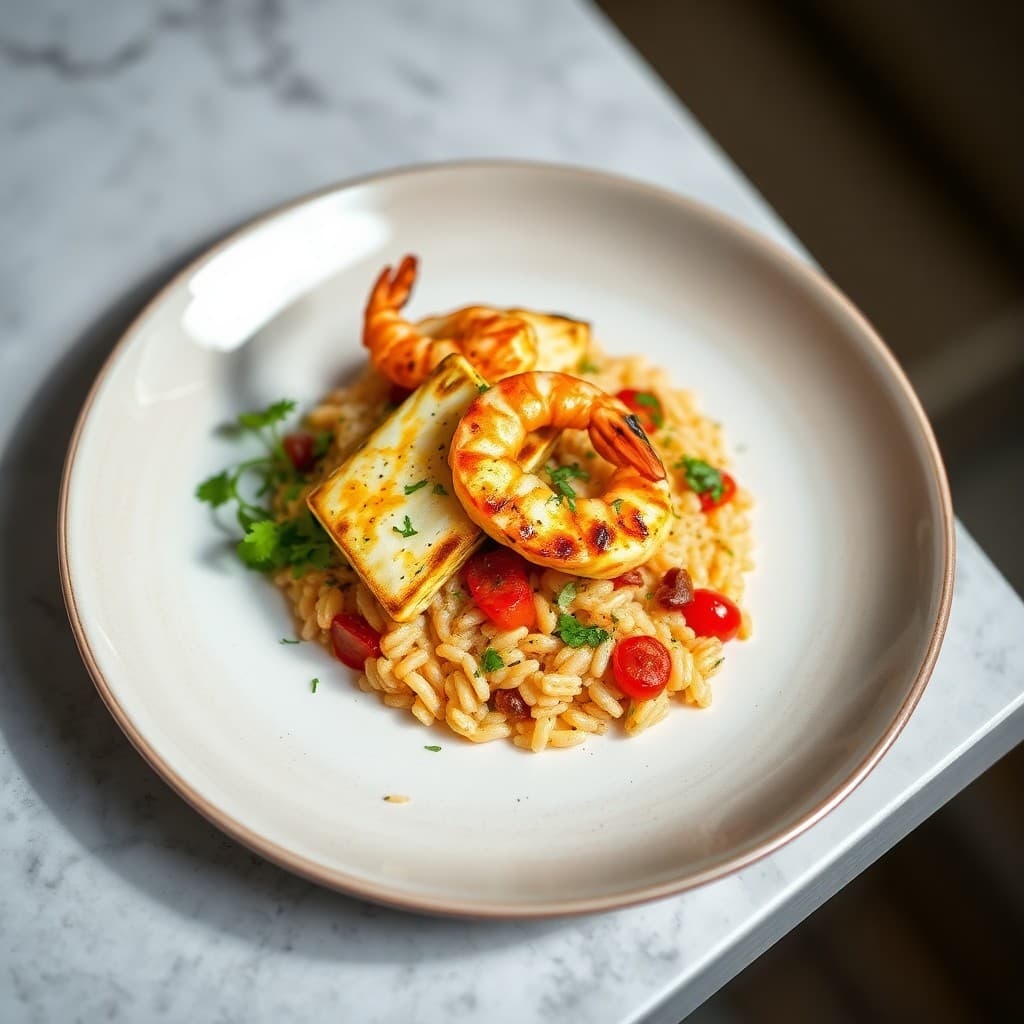 Cypriot Grilled Halloumi & Shrimp Saganaki with Charred Tomato Orzo