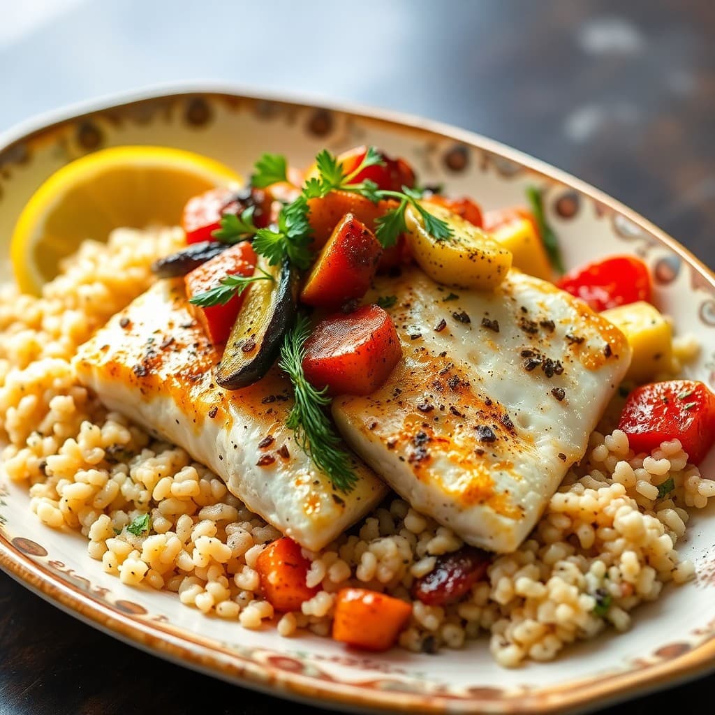 Mediterranean Baked Halibut with Roasted Veggies and Quinoa