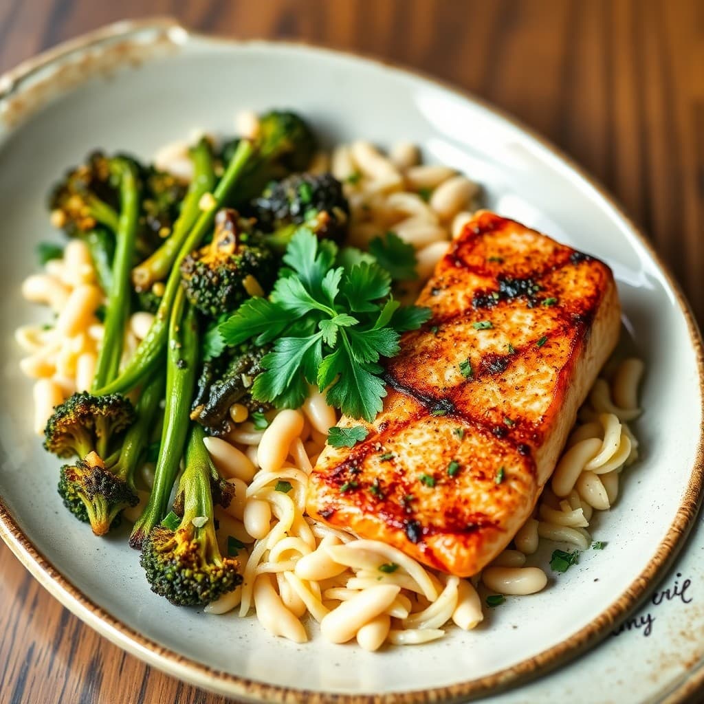 Sicilian-Spiced Grilled Salmon with Charred Broccoli Rabe & Creamy Orzo